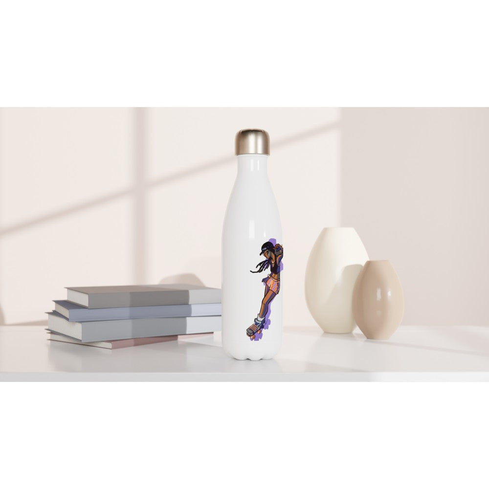 White 17oz Stainless Steel Water Bottle (Female Back Skater) - Skate Base Skatewear