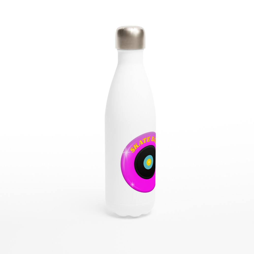 White 17oz Stainless Steel Water Bottle (Pink Wheel) - Skate Base Skatewear