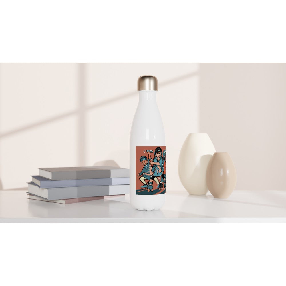 White 17oz Stainless Steel Water Bottle (Skater Trio) - Skate Base Skatewear